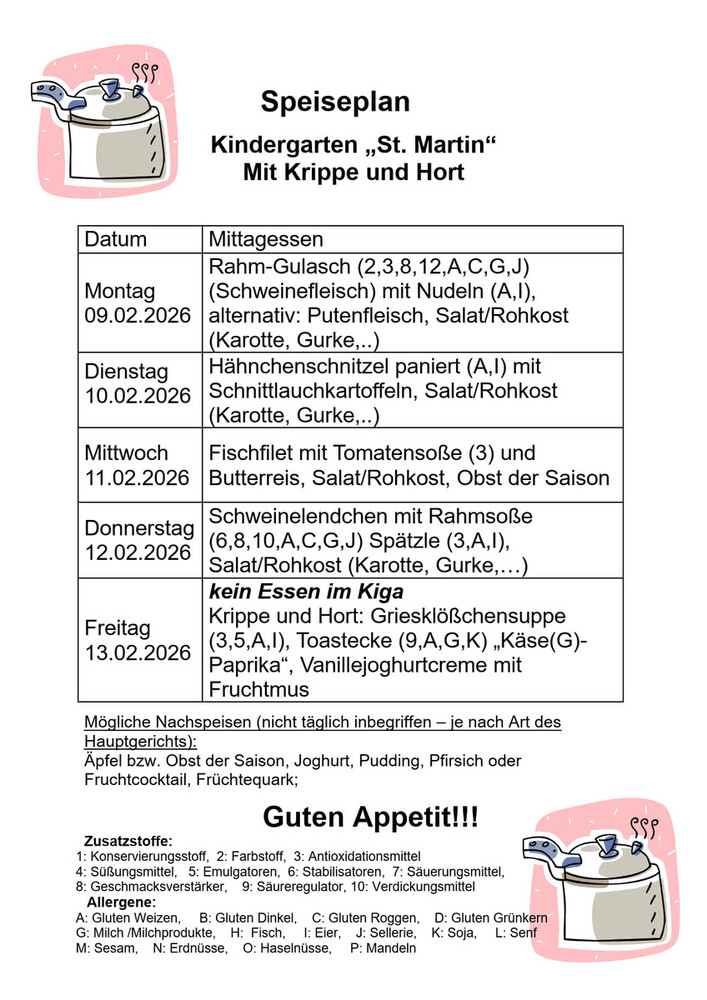 Speiseplan vom 09.02. - 13.02.2026