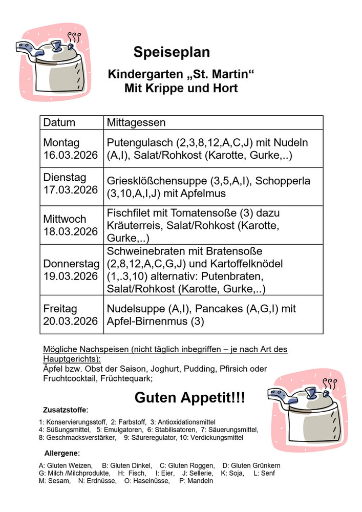 Speiseplan vom 16.03. - 20.03.2026