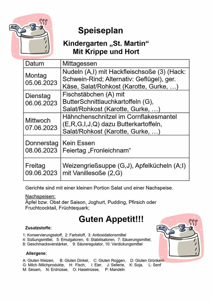 Speiseplan vom 05.06. - 09.06.2023
