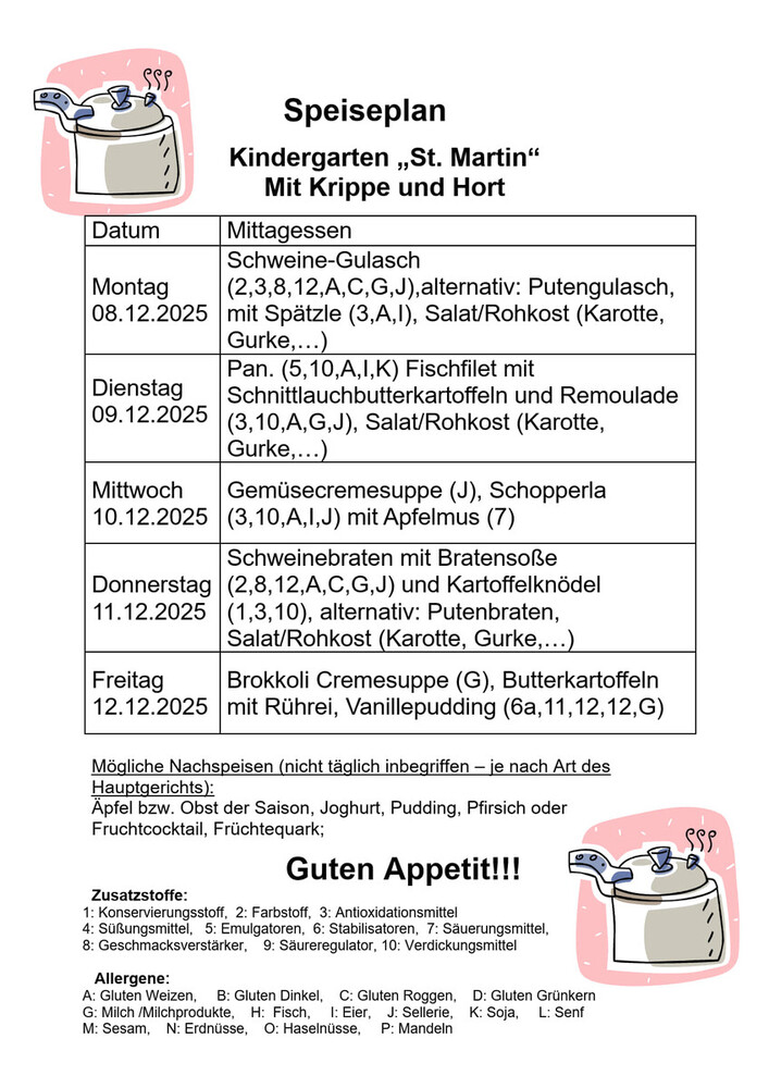 Speiseplan vom 08.12. - 12.12.2025