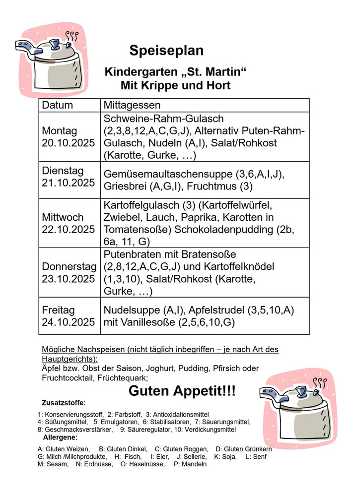 Speiseplan vom 20.10. - 24.10.2025