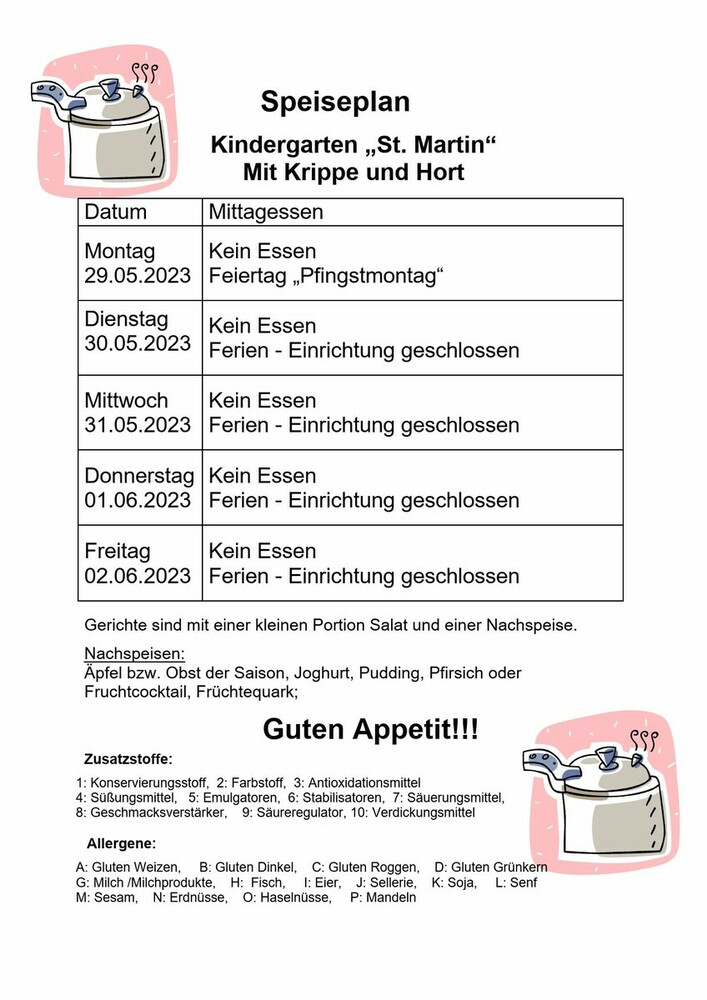 Speiseplan vom 29.05. - 02.06.2023